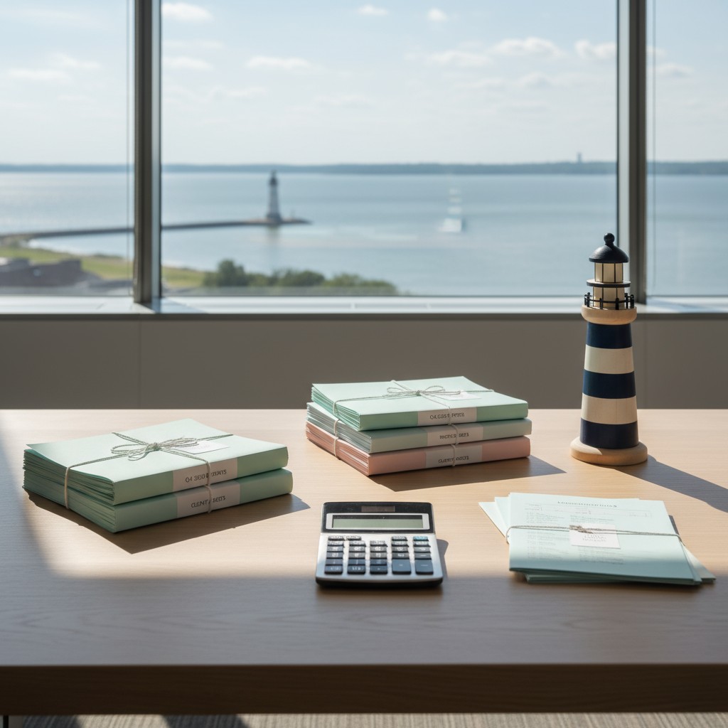 An office desk with books and a lighthouse figurine in front of a window overlooking the ocean.
