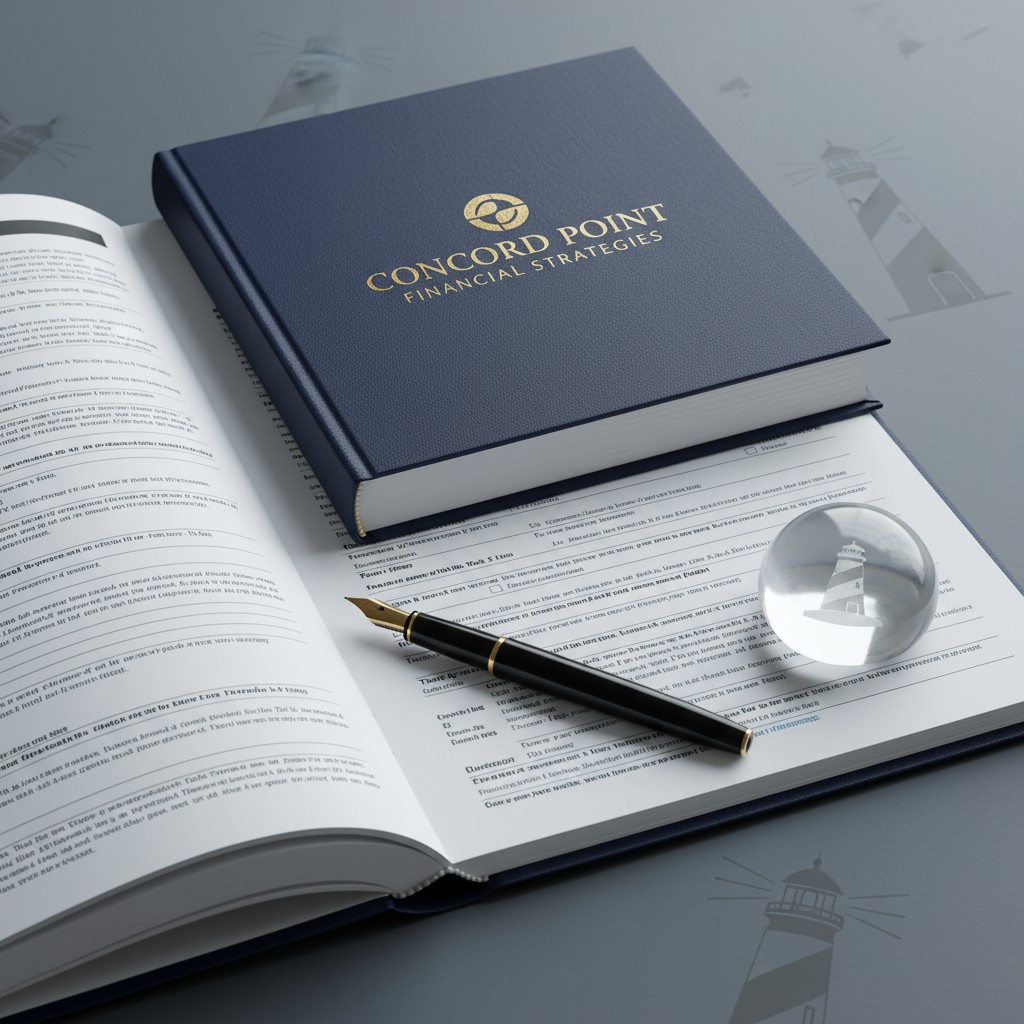 A composition to envision and position financial strategies, including an opened book on which a pen sits, and a blue leat...