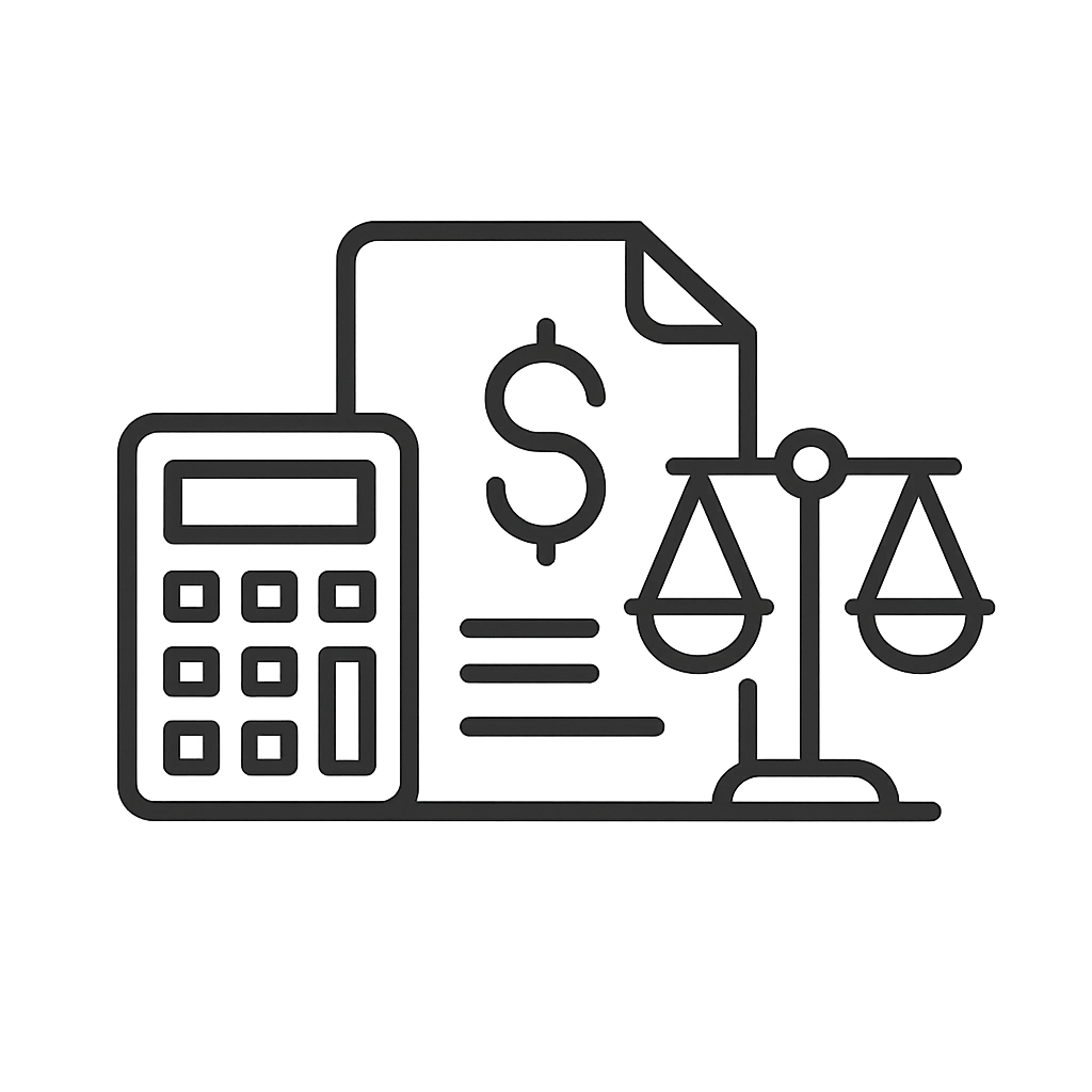 A black line drawing on a black background depicts the elements of law and finance. From left to right, the image shows a ...