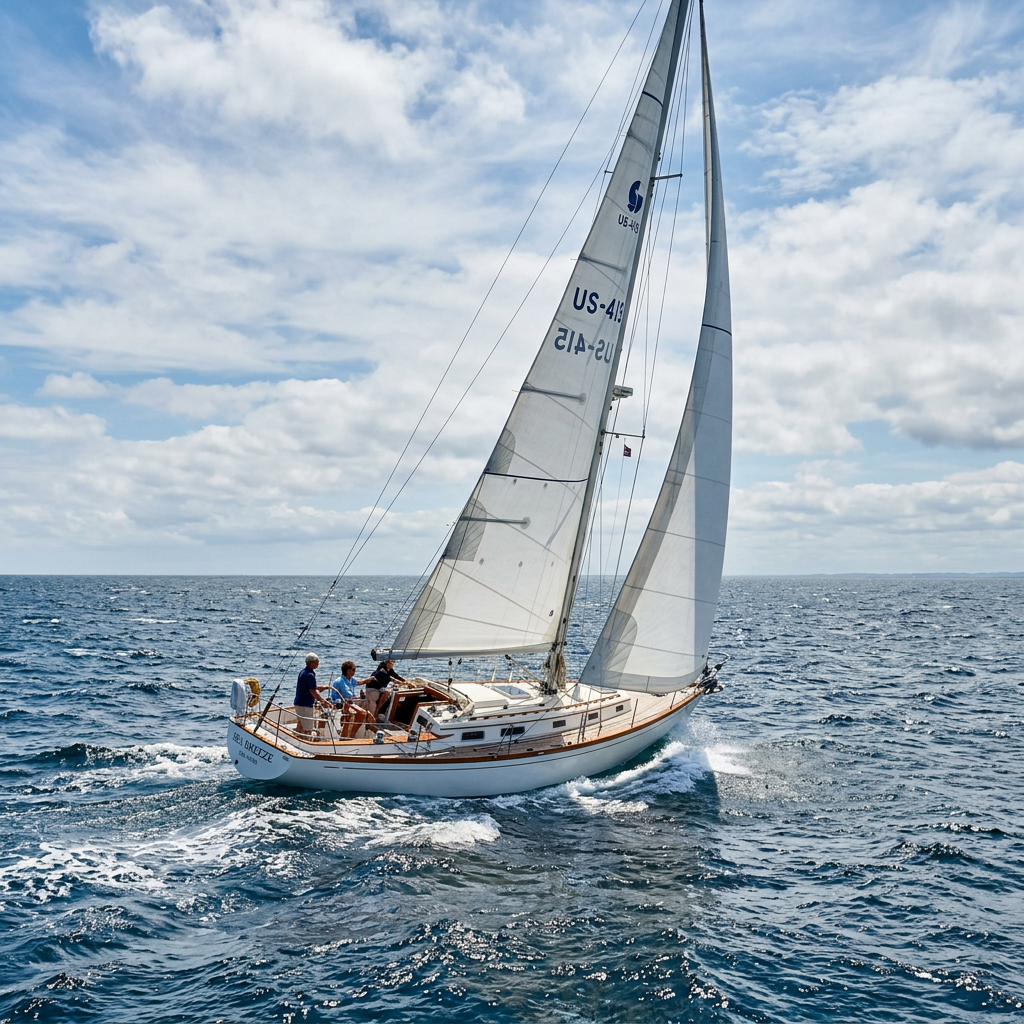 Sailing yacht with white sails and three people onboard moving through blue ocean waters