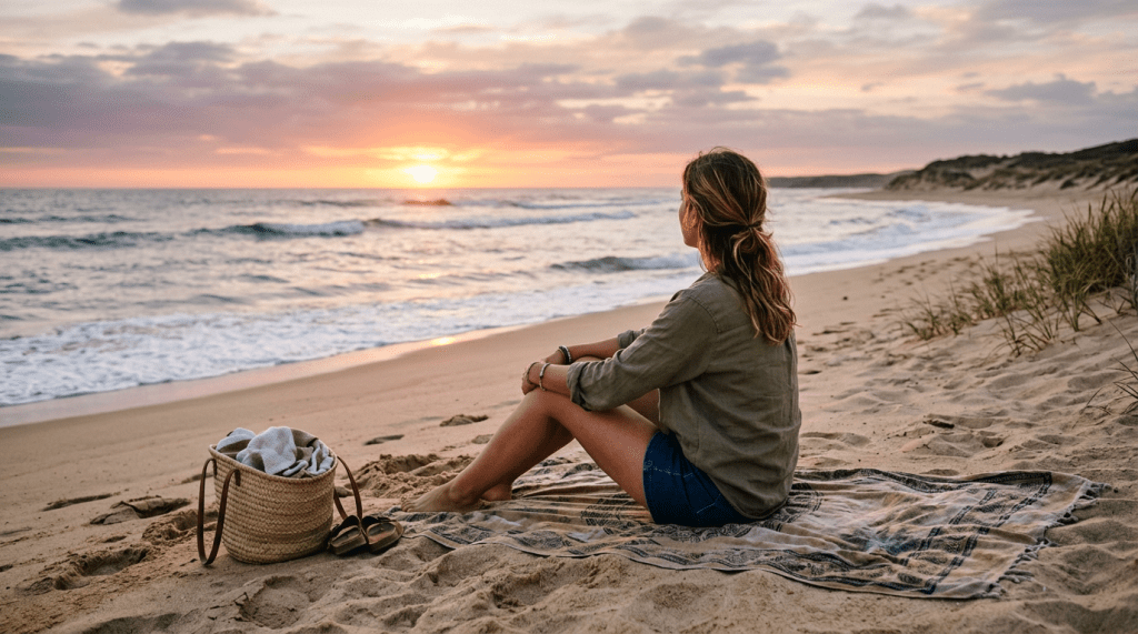 A woman sitting cross-legged on a blanket looking at the ocean during sunset.