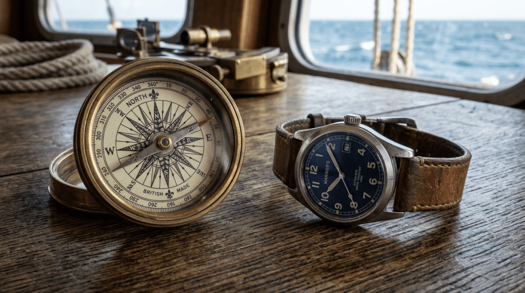 Vintage brass compass and wristwatch with leather strap on wooden table near ship window showing ocean outside