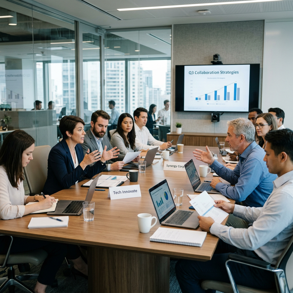 Business team in a modern office discussing Q3 collaboration strategies with charts on laptops and screen